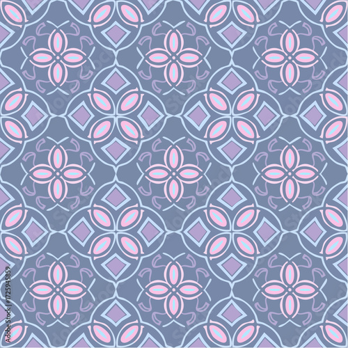 Seamless ornate vector background with a floral and geometric pattern in blue and purple, a decorative repeating design.