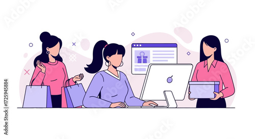 Three women are shopping online and buying products from a computer and a store with shopping bags and a package in hand