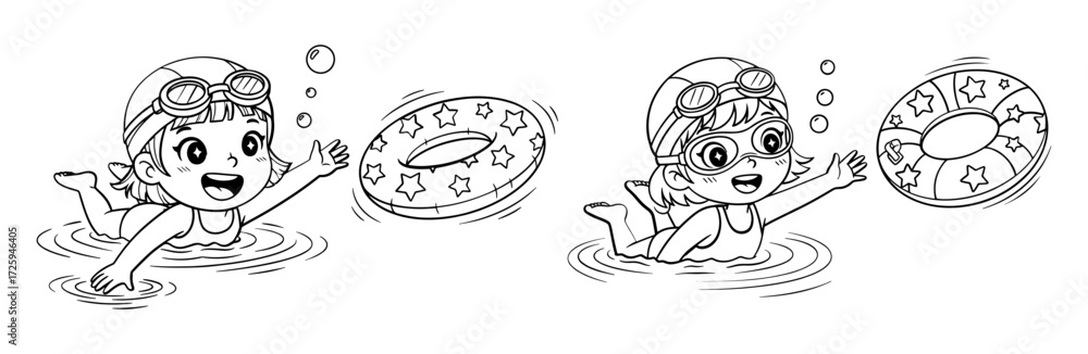 Obraz premium Vector art of a cute girl is swimming with a swim ring in the water