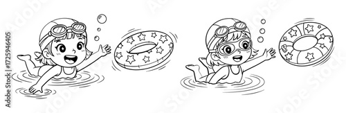 Vector art of a cute girl is swimming with a swim ring in the water
