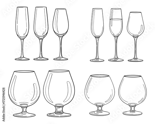 Illustration of various types of wine glasses, including champagne and brandy
