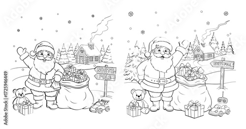 Illustration of santa claus with gifts and a snowy background for coloring book