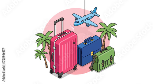 Exploring the globe with luggage and an airplane illustration representing travel adventures and vacation destinations