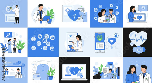 Illustrations depicting modern healthcare professionals and digital medical technologies assisting patients with care and wellness