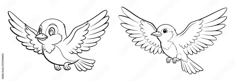 Obraz premium Vector art of two cartoon birds flying with their wings spread, coloring page for kids
