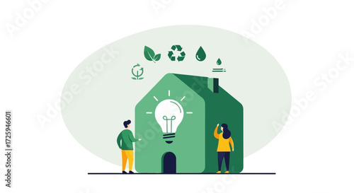 Sustainable living concept featuring an eco-friendly house design with renewable energy symbols and people embracing environmental consciousness for a greener future