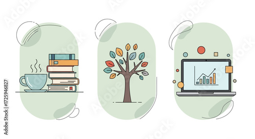 Concepts of learning growth investment and financial success depicted with simple illustrations