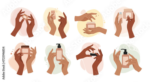 Diverse Hands Showcasing Skincare Products for Beauty and Self Care Routines