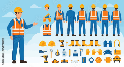 Construction Workers And Safety Equipment Set Featuring Different Poses And Protective Gear For Industrial Professions