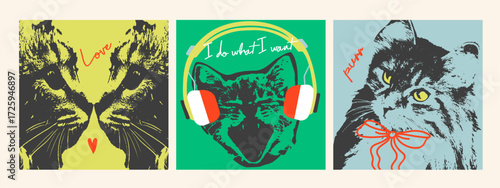 Funny cat poster set. Cute vector illustrations with vintage stippling photocopy effect and humorous quotes. Perfect for home decor, wall art, print design, and gift ideas.