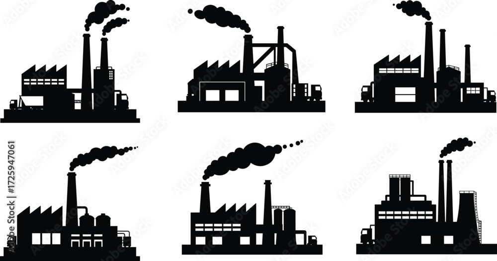 Fototapeta premium Industrial factory silhouettes set with chimneys and smoke, black vector buildings, heavy manufacturing plants, power stations, industry pollution illustration design