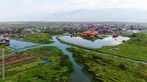 Aerial view of inle lake with its floating gardens and houses, myanmar