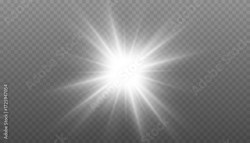 White light explosion, starburst glow effect on transparent background. 