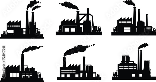 Industrial factory silhouettes set with chimneys and smoke, black vector buildings, heavy manufacturing plants, power stations, industry pollution illustration design