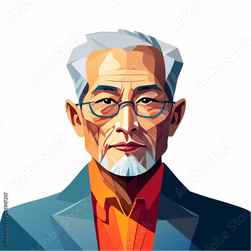 Modern geometric portrait of a senior Asian professional, a symbol of wisdom, experience, and confident leadership
