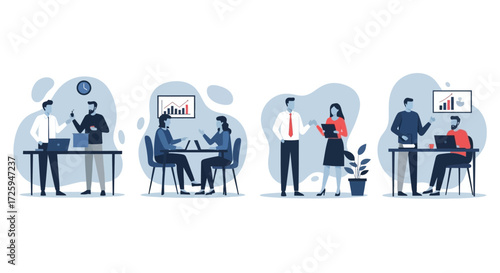 Business professionals collaborating in a modern office setting discussing strategies and analyzing charts