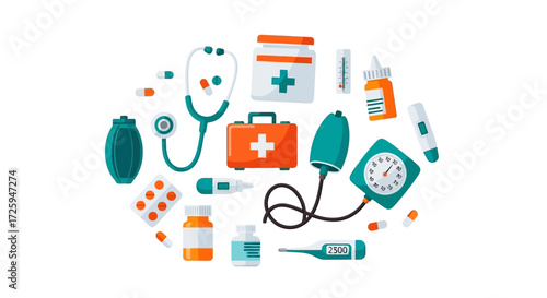 Collection of Medical Instruments and Supplies Arranged in a Circle with Various Health Care Items Featuring Stethoscope Blood Pressure Monitor Thermometers and First Aid Kit