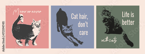 Funny cat poster set. Cute vector illustrations with vintage stippling photocopy effect and humorous quotes. Perfect for home decor, wall art, print design, and gift ideas.