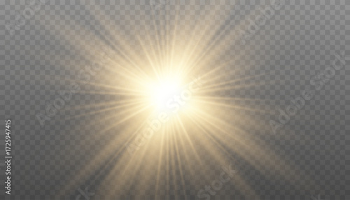 Golden starburst light effect. Gold star with rays, isolated. Sun PNG on transparent background