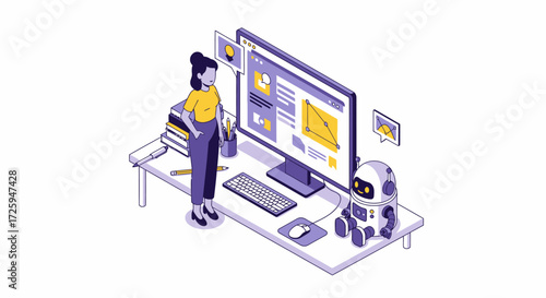 A person works with a robot and a computer at a desk with a project on screen