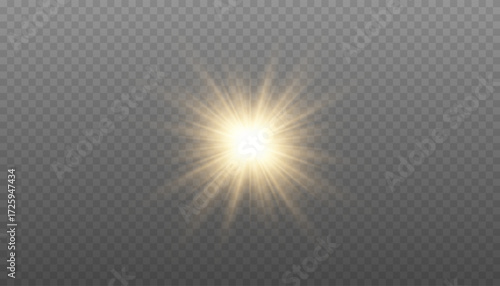 Golden starburst light effect. Gold star with rays, isolated. Sun PNG on transparent background