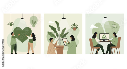 Illustrations depicting teamwork and environmental sustainability in a modern office setting promoting eco-friendly practices and plant care