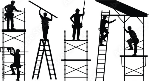 Construction workers silhouette, scaffolding safety, ladder work, industrial labor, teamwork, black and white, occupational training, building site, architecture, 
