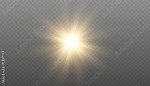 Golden starburst light effect. Gold star with rays, isolated. Sun PNG on transparent background