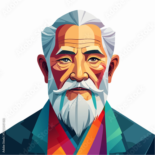 Stylized vector illustration of a wise and dignified senior Asian man with a long white beard