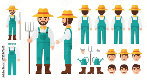 Illustration of a Friendly Farmer Character Collection With Multiple Views and Components for Design Projects