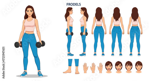 A Fit Woman Holding Dumbbells Ready for a Workout Session Demonstrating Various Poses and Expressions