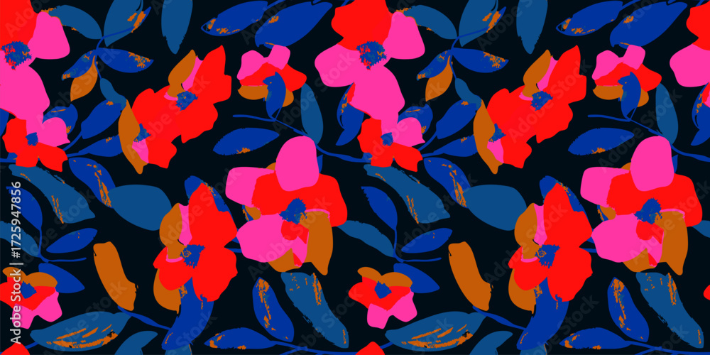 custom made wallpaper toronto digitalVector floral seamless pattern. Abstract botanical background texture with summer flowers, leaves, twigs, foliage. Modern tropical fashion print in vivid trippy colors. Repeating trending design