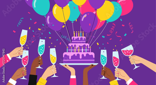 A Joyful Celebration with a Spectacular Birthday Cake and Festive Balloons Accompanied by Cheers and Confetti for a Memorable Occasion