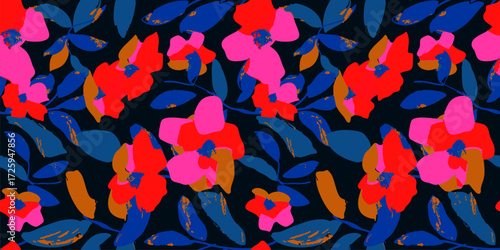 Wallpaper Mural Vector floral seamless pattern. Abstract botanical background texture with summer flowers, leaves, twigs, foliage. Modern tropical fashion print in vivid trippy colors. Repeating trending design Torontodigital.ca