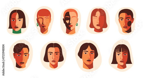 Diverse Abstract Portraits Representing Different Ethnicities and Genders in a Minimalist Style