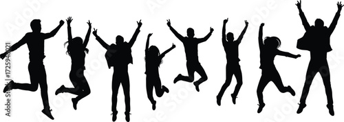group jumping, celebration, silhouette, joy, freedom, teamwork, energy, happiness, movement, success, outdoors, unity