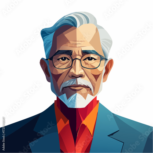 Stylized geometric portrait of a wise and dignified elderly Asian man with grey hair and glasses, representing experience and leadership