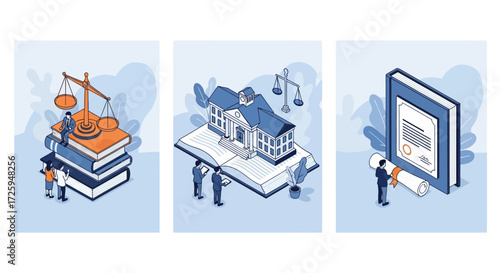 Illustrations depicting the legal profession and judicial system showcasing books scales of justice and court buildings representing jurisprudence and advocacy
