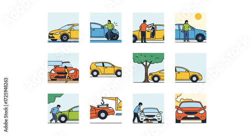Collection of Illustrated Car Related Scenarios Depicting Diverse Automotive Services and Situations