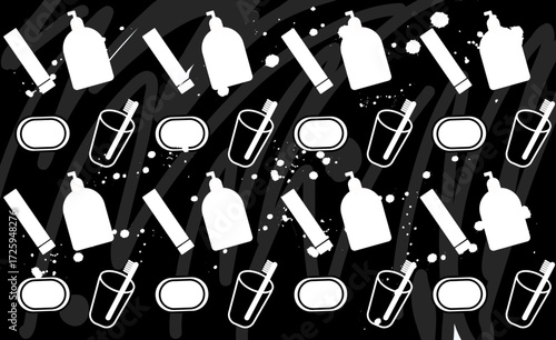 Pattern with bathroom items toothbrush toothpaste soap shampoo vector svg icons silhouette black