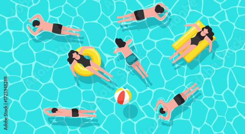 People relaxing and enjoying a sunny day floating in a bright blue swimming pool on inflatable toys and rafts with a beach ball