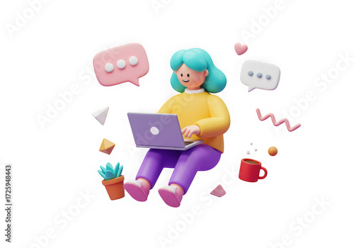 3d character working on laptop with social media icons isolated on transparent background