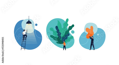 Illustrations of people working on creative ideas growth and inspiration in flat design style
