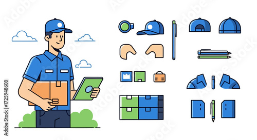 Courier delivering a package holding a tablet device and surrounded by delivery related icons and elements in a flat design style