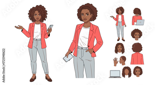Professional Young Woman in Business Attire Demonstrating Various Poses and Expressions for Digital Content Creation