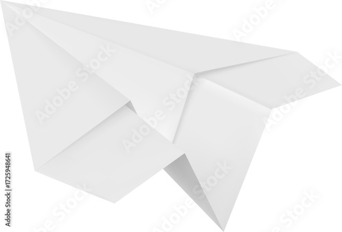 Paper airplane icon, white, flying up, left, isolated background.