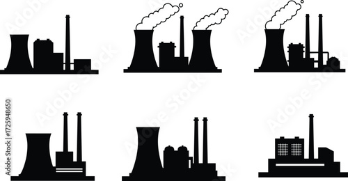 Nuclear power plant silhouettes with cooling towers and chimneys, industrial energy station vector, electricity generation facility, smoke emission illustration design