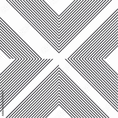Abstract geometric vector background featuring a symmetrical composition of black and white chevron patterns. This graphic design forms an "X" shape from four separate