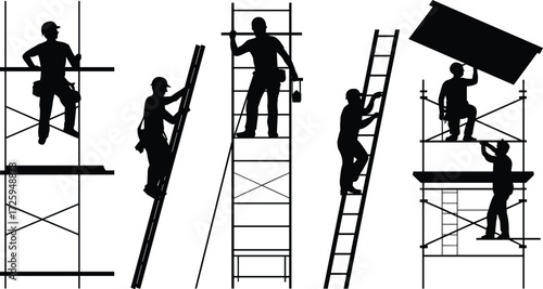 Silhouette of construction workers on scaffolding and ladders, building site teamwork, industrial labor safety, architecture development, construction industry illustration design
