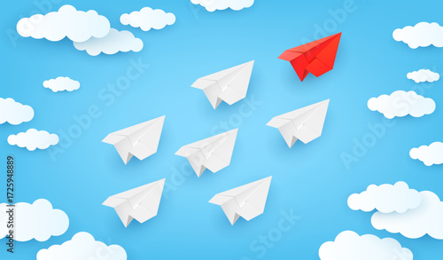 Realistic handmade paper planes flying in the sky, red manager team leader leads the way, origami aircraft in business